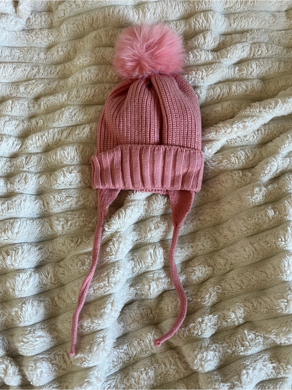 Kids Pink Knit Pom Pom Earflap Beanie Hat
